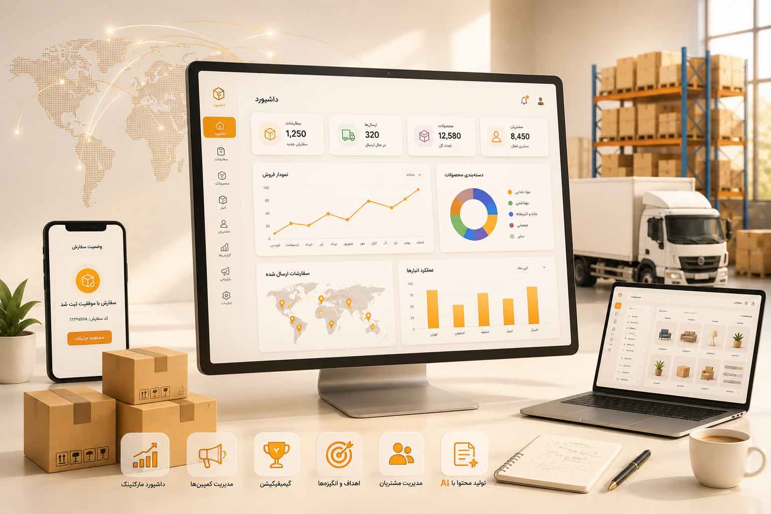 داشبورد سیستم جامع تولید و پخش عمده دیتاشریف روی صفحه نمایش